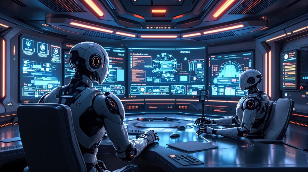 a futuristic control room where high tech robots monitor and address issues in real-time
