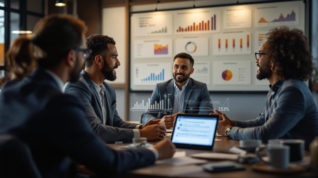 A group of leaders engaged in a strategic planning meeting, surrounded by charts and graphs depicting key performance indicators and leadership goals, emphasizing collaboration and data-driven decision making. 