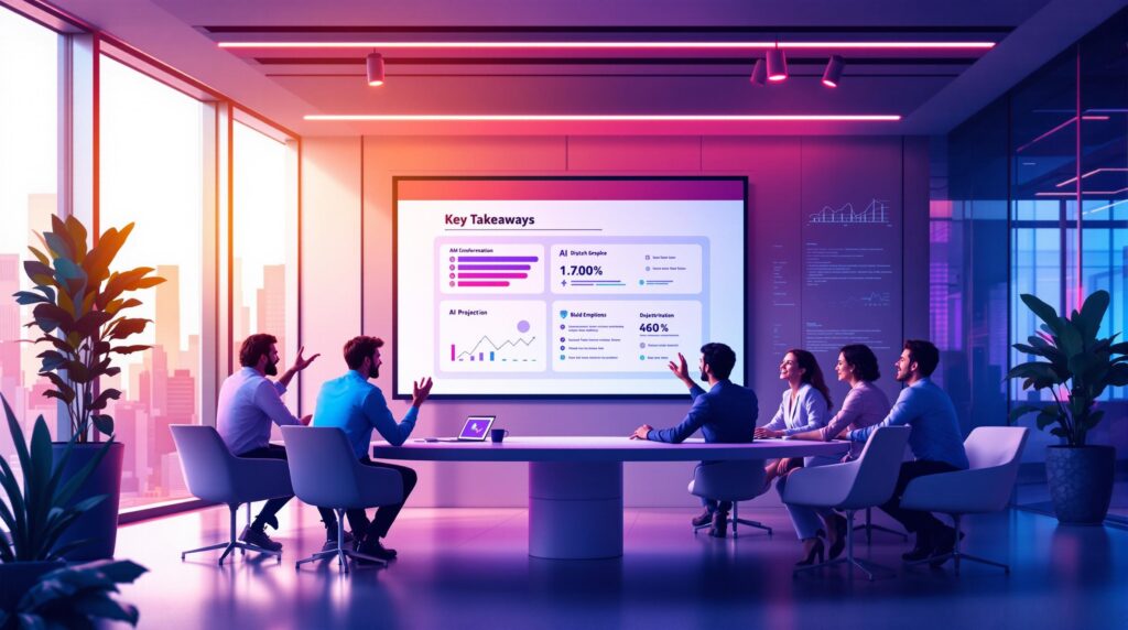 a group of professionals engaged in an animated discussion features clear graphs and bullet points summarizing AI project insights