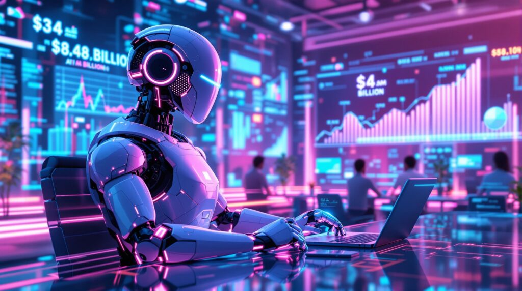 futuristic robot with a team of professionals in a high-tech setting and holographic graphs displaying market growth from $3.4 billion to $8.4 billion