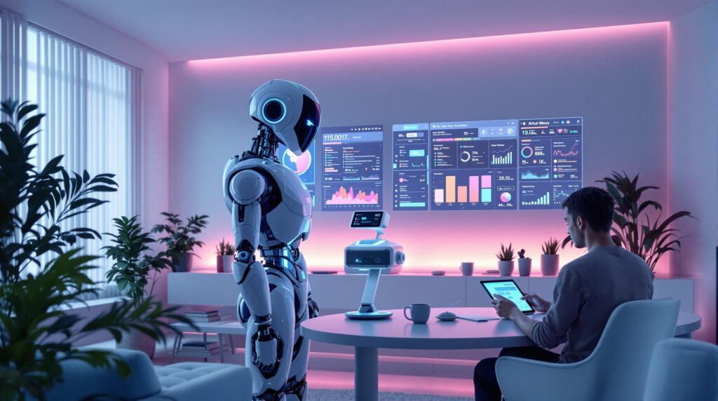 futuristic robot and digital planner positioned centrally with an advanced AI task tracking insights displayed