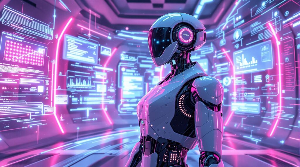 a sleek robot is surrounded by dynamic holographic displays showcasing Grok 4's key features, such as its vast context window and real-time data access
