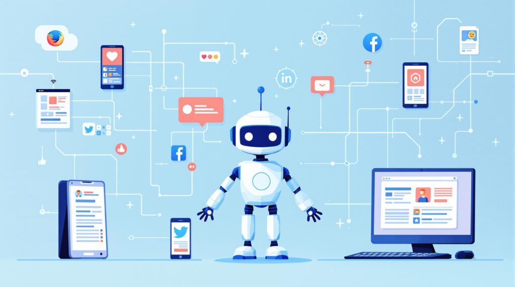 A digital illustration showing AI depicted as a friendly robot orchestrating a seamless flow of content across various devices like smartphones, tablets, and computers, each displaying different social media platforms. 