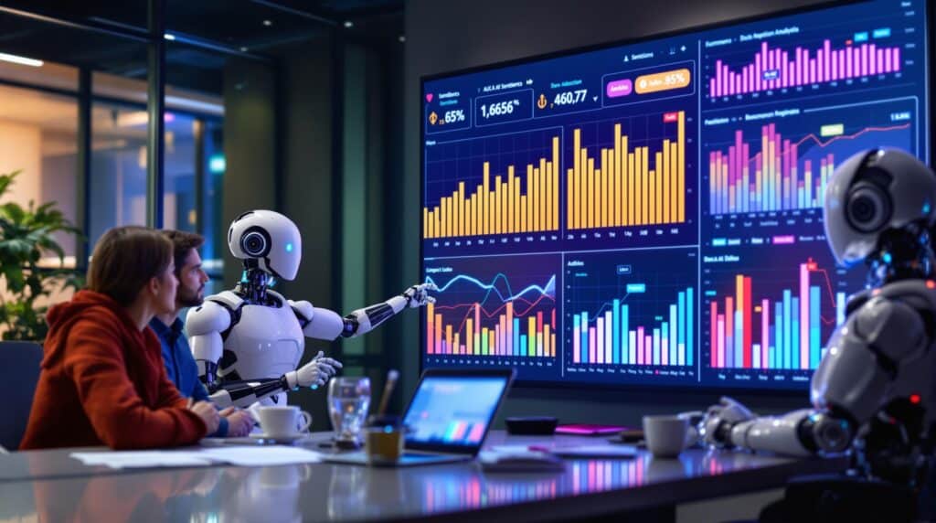 A business meeting where team members and robots analyze colorful sentiment data charts on a large screen, highlighting the practical benefits of AI sentiment analysis in making informed decisions and boosting customer interactions.