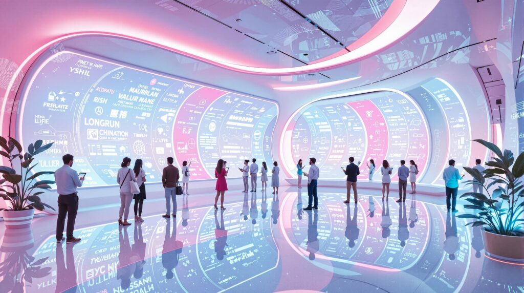 advanced communication hub featuring digital panels and displays aligning different languages and scripts