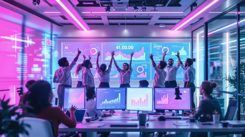 a futuristic business office showcasing the launch of AI tools