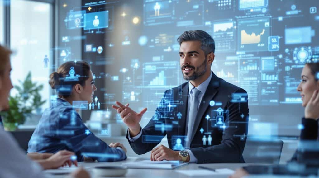 A confident leader guiding a group of AI specialists during a brainstorming session, where digital holograms and futuristic AI interfaces are projected around them, illustrating effective leadership in an AI-driven environment.