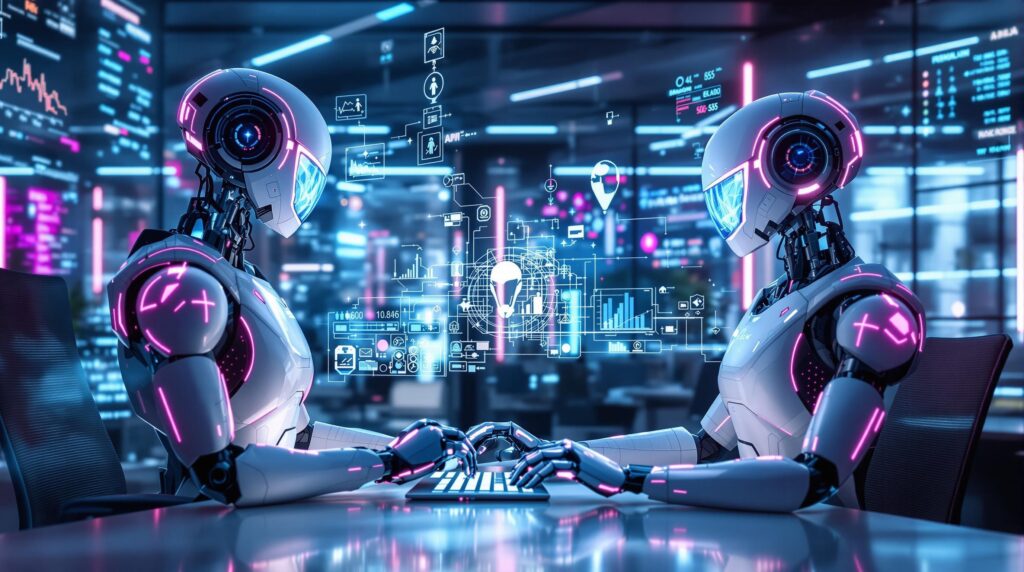 two high tech robots utilizing AI-powered document analysis and real-time language tasks