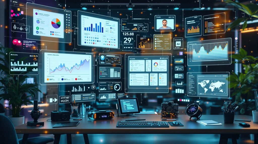 A modern workspace filled with AI-powered tools and gadgets, including digital screens displaying dynamic graphs, content calendars, and audience insights. This setup represents a futuristic view of content planning driven by AI technology.