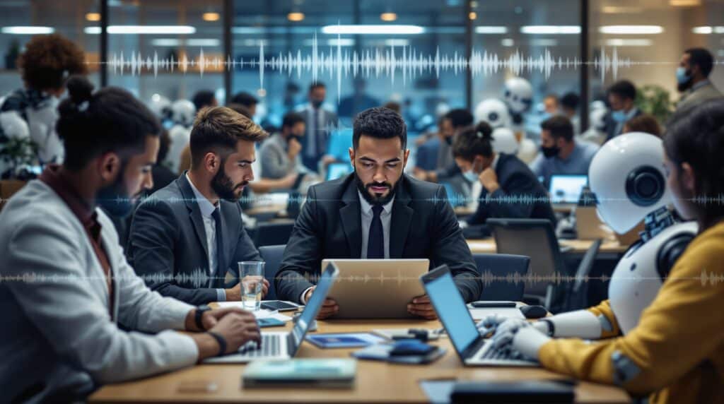 A realistic image of diverse professionals and robots in a busy office setting, using laptops and tablets with speech-to-text applications.