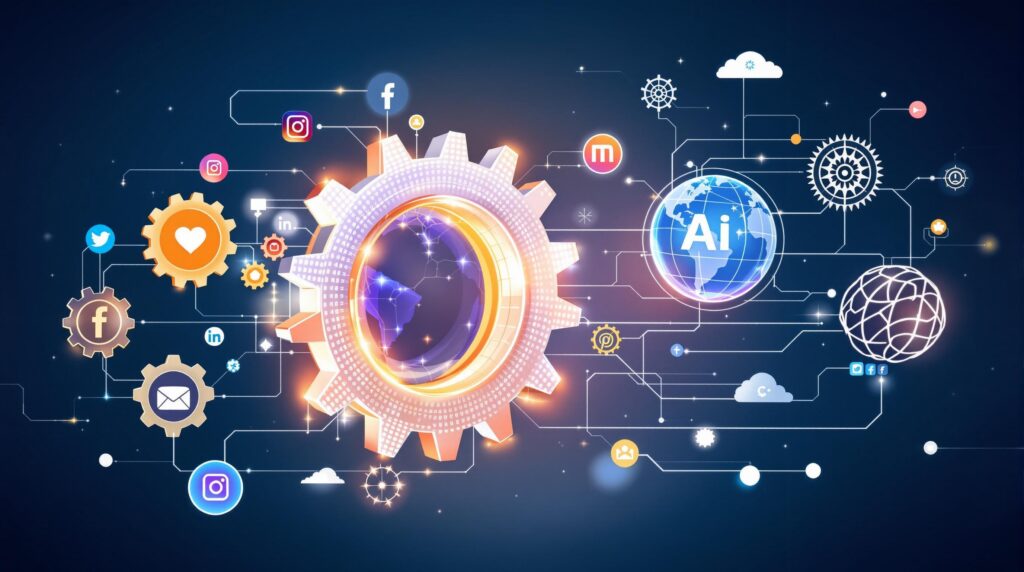 A conceptual illustration depicting the main advantages of AI content sharing, featuring visual metaphors.
