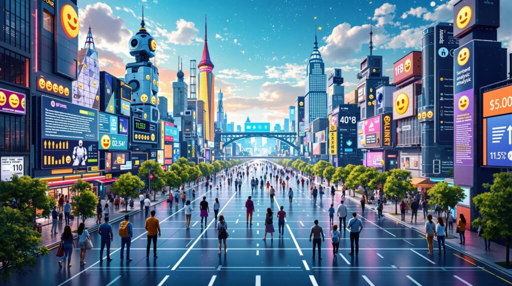 A vibrant and futuristic cityscape showcasing diverse people interacting with digital interfaces that display sentiment analysis outcomes, like positive and negative emojis, illustrating the advantages of AI in understanding public opinion and trends.
