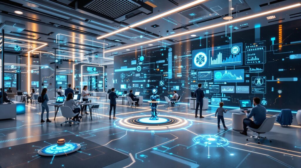 A futuristic office powered by AI, showcasing smart technologies, data analysis, and people engaging with AI-driven devices, all interconnected by a network of digital pathways.