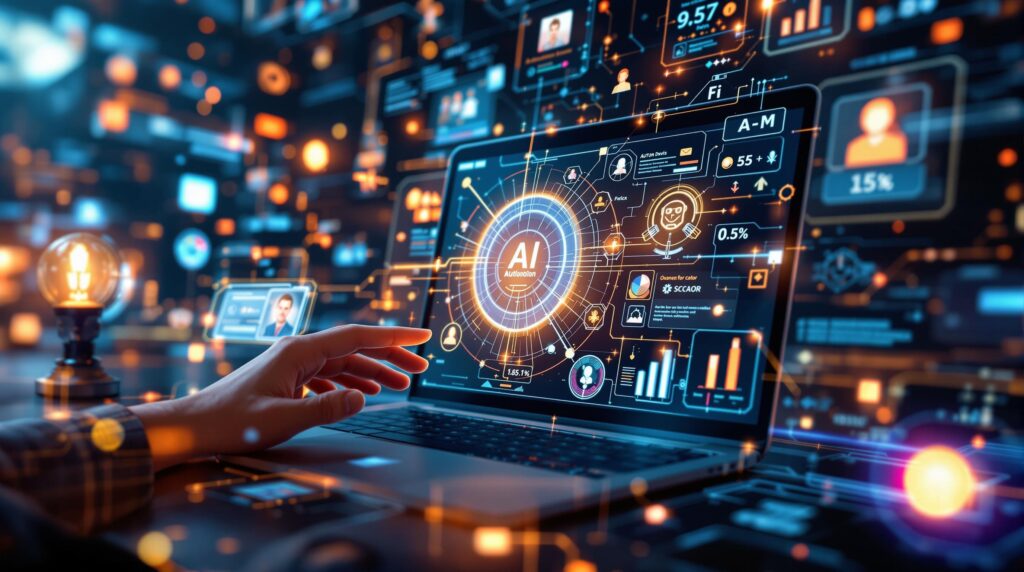 An image of AI media management systems at work, using futuristic visuals to depict AI algorithms analyzing digital content, with elements like faces, logos, and objects being identified in a dynamic, tech-themed environment.