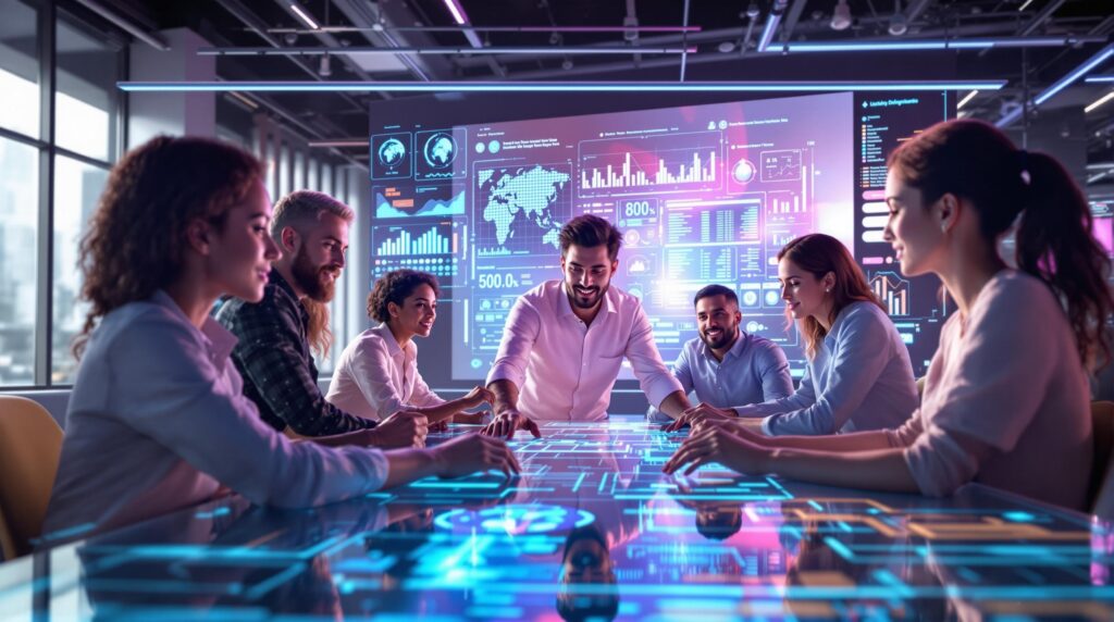 a group of professionals collaborating around a digital AI dashboard
