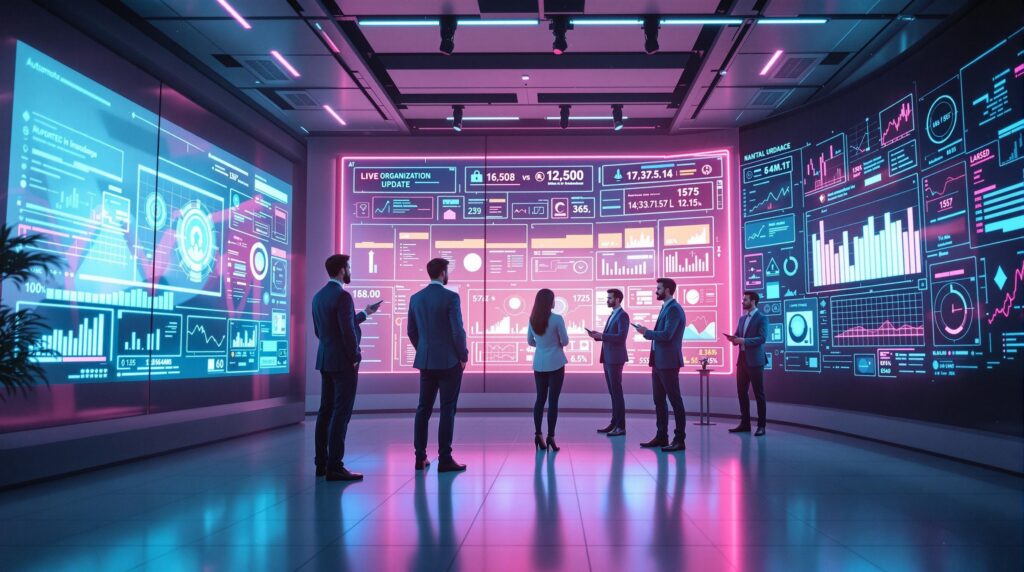 a group of professionals engaged in a futuristic office environment and they interact with advanced AI systems for seamless knowledge sharing