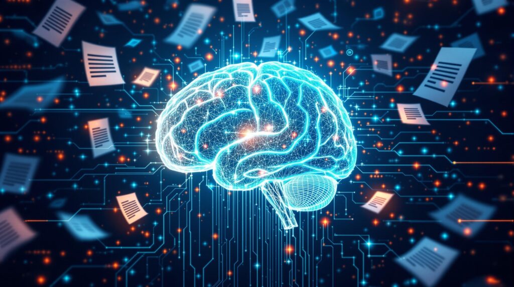 An artificial intelligence brain at the center, surrounded by floating digital documents and data streams, symbolizing AI efficiently organizing and curating vast amounts of information.