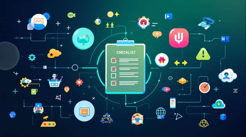An image featuring central components of an AI-driven workflow, like icons for efficiency, collaboration, and innovation, surrounding a central checklist. 