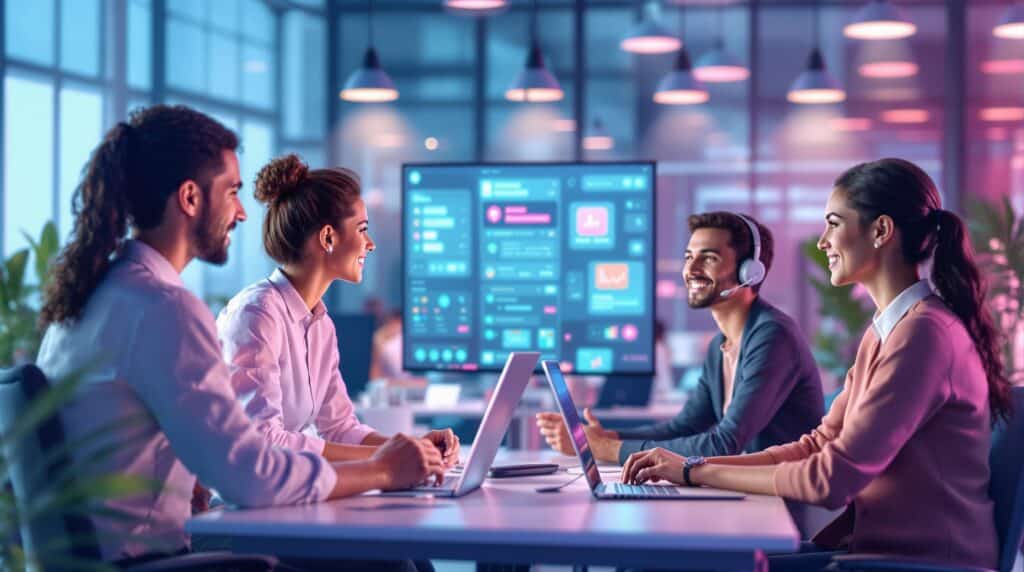 group of customer support agents collaborating with AI systems like chatbots and automation