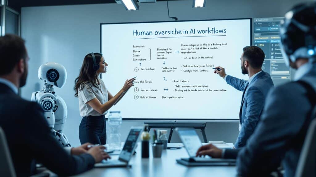 A team of professionals and high tech robots in a modern meeting room, using a smartboard to highlight and summarize key aspects of human oversight in AI workflows, focusing on technology integration and quality control.