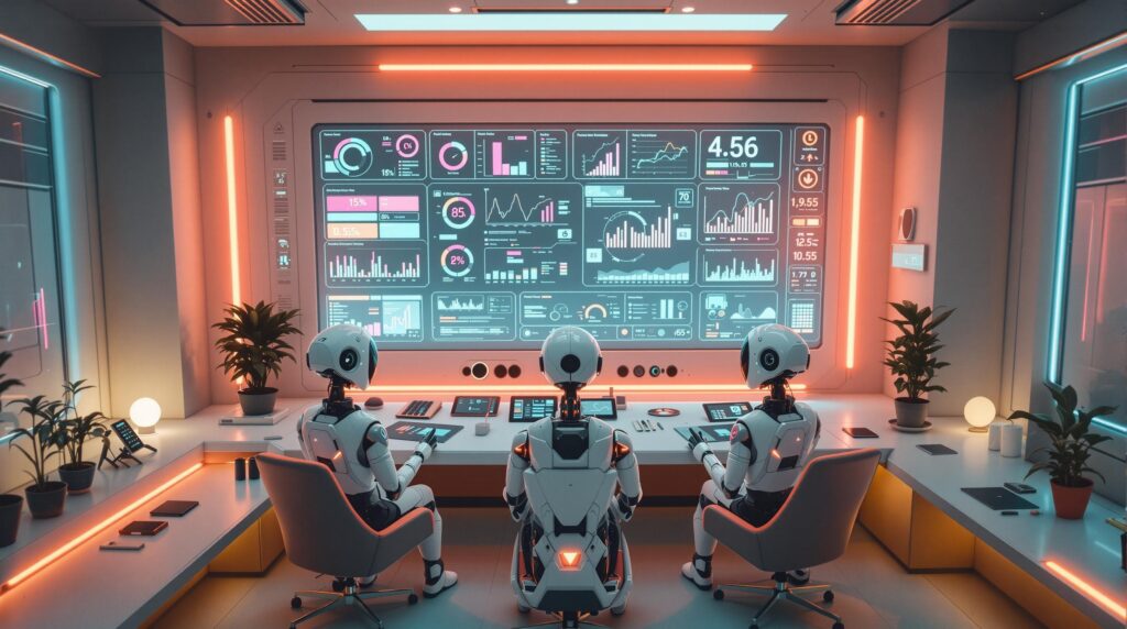A futuristic control room where a team of retro futuristic robot with neon accents are monitoring AI workflow quality using advanced dashboards and digital screens. These displays show metrics, graphs, and alerts that ensure workflow quality is maintained at optimal levels. 