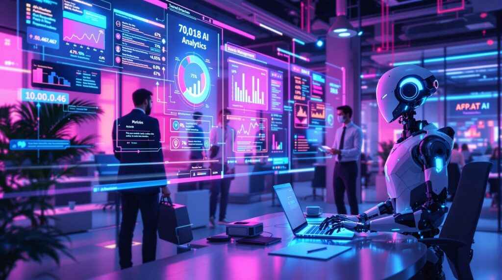 a robot and business professionals in a modern office environment with holographic screens showcasing live analytics and automated process management elements on display