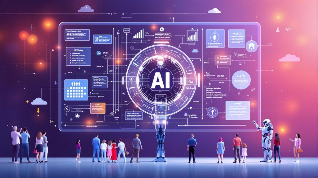 An image of AI technology with a transparent interface, showing data flow and decision paths clearly. Diverse people and high robots are interacting with the system, symbolizing transparency, clarity, and accountability in AI operations.