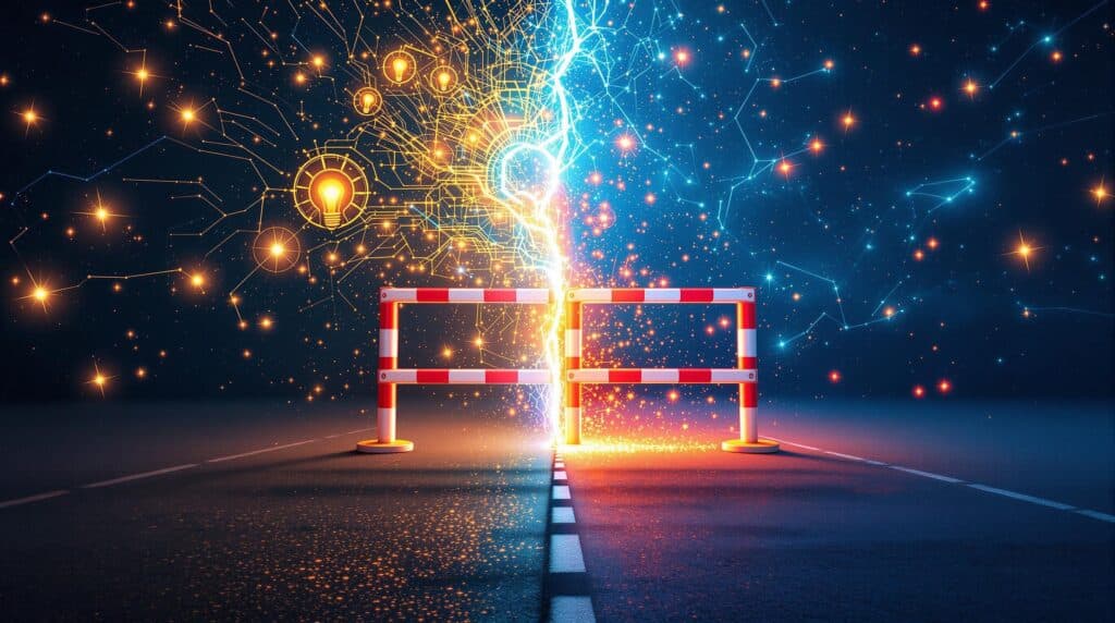 an image comparing the strengths and limitations of AI showing a split image with vibrant and creative elements