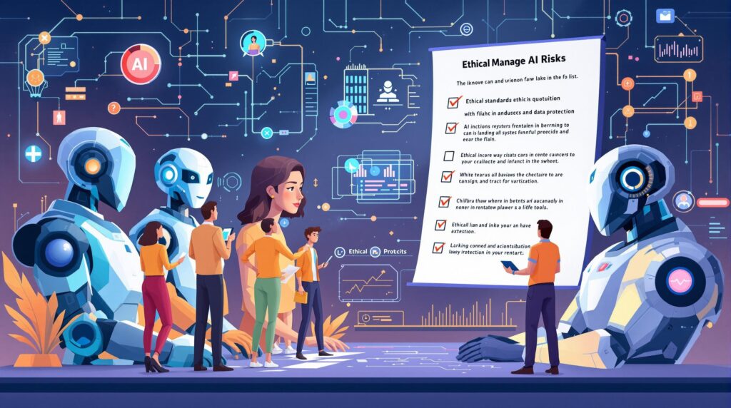 An illustration of a diverse team and futuristic robots reviewing AI systems with a checklist for ethical standards and data protection, highlighting collaboration in managing AI risks.