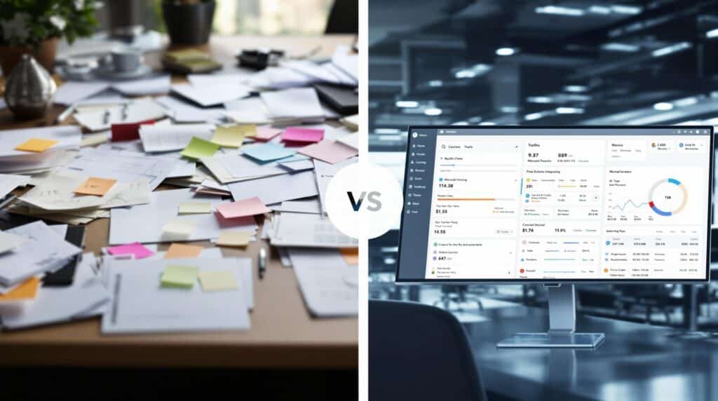 A split-screen illustration contrasting manual dependency management with AI-powered management. 