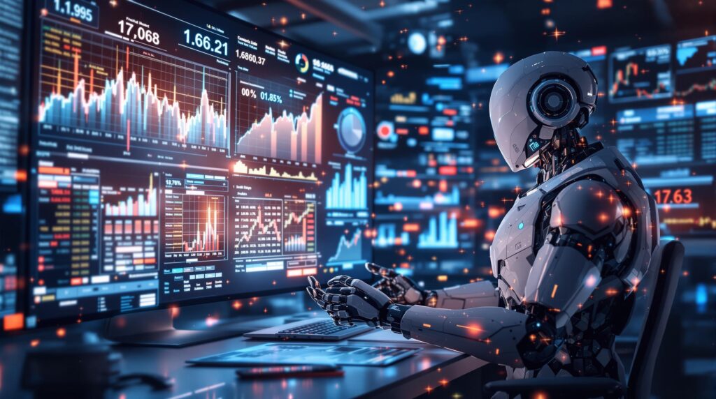 An imaginary scene of a financial analyst and a high tech robot surrounded by holographic market data screens, analyzing trends and making predictions with the help of AI technology.