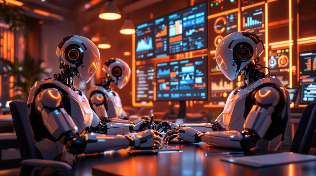 a futuristic workspace with digital screens displaying AI tools analytics and a high tech robots collaborating