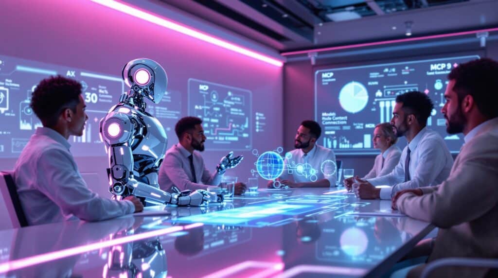 futuristic robot leads a group of diverse professionals in a collaborative discussion highlighting the transformation in AI communication brought about by the Model Context Protocol (MCP)