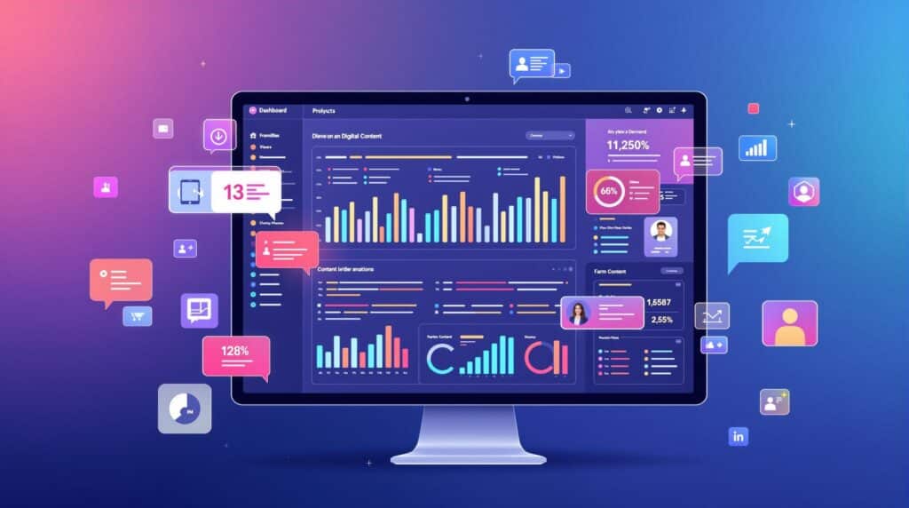 A digital dashboard analyzing digital content, surrounded by floating icons representing metrics such as views, shares, and user interactions.