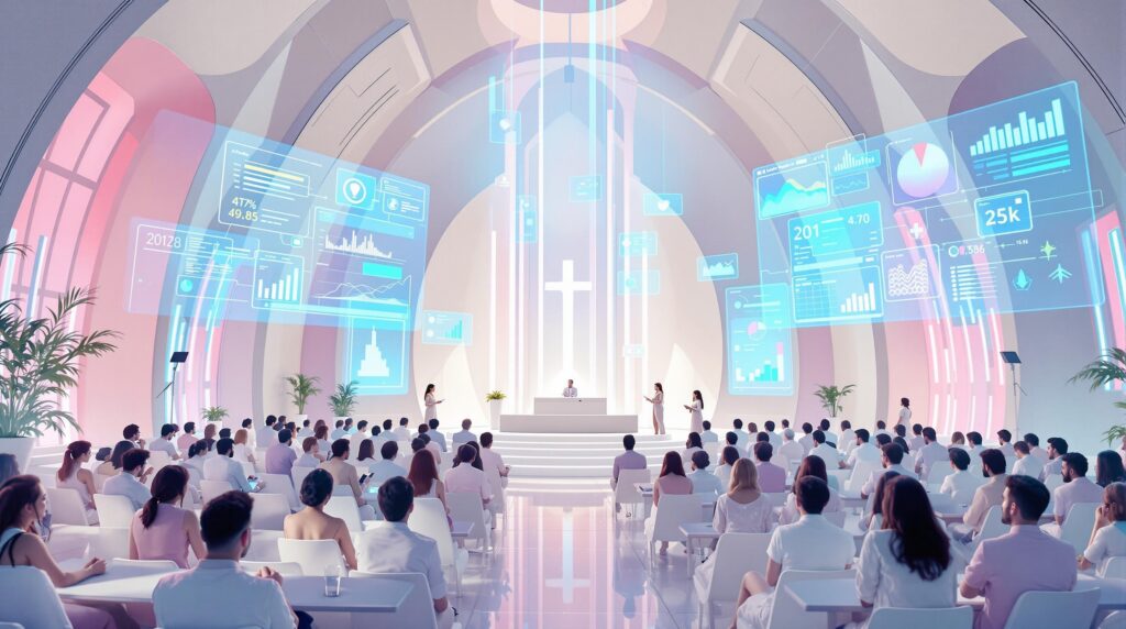 diverse congregation in a futuristic church setting analyzing key metrics for AI effectiveness on digital screens