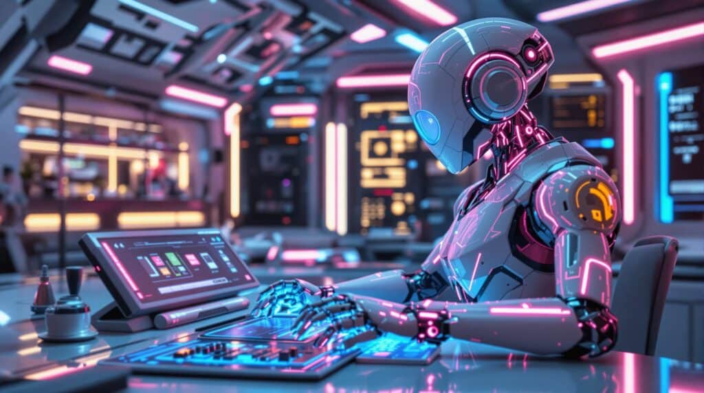 sleek futuristic robot within a state-of-the-art lab concentrated on a digital console showing Using Mixed Data Sources and AI Platforms for Bias Prevention