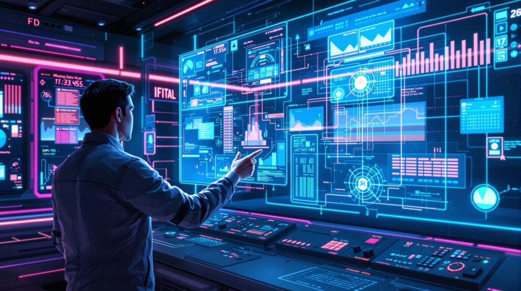 a futuristic control center with holographic displays showcasing dynamic visualizations of data flow and highlighted missing data points and a skilled technician interacting with the floating screens using hand gestures