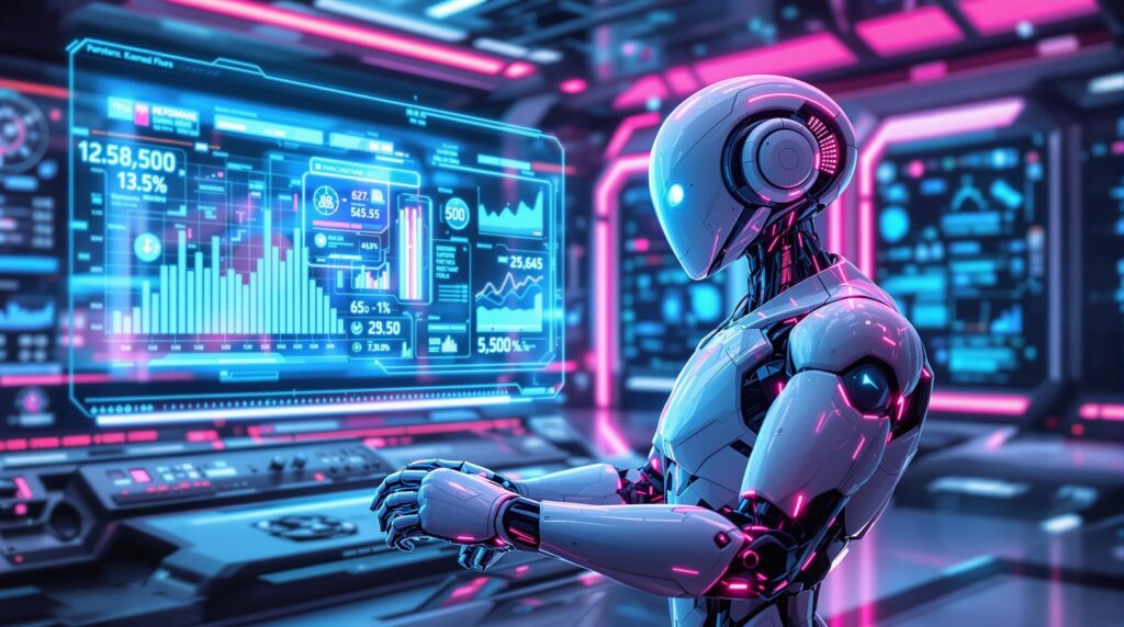futuristic robot analyzing a floating holographic display of performance metrics