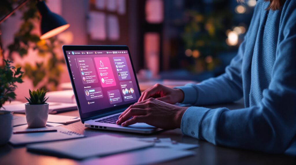 a business professional using a laptop to track brand mentions on social media