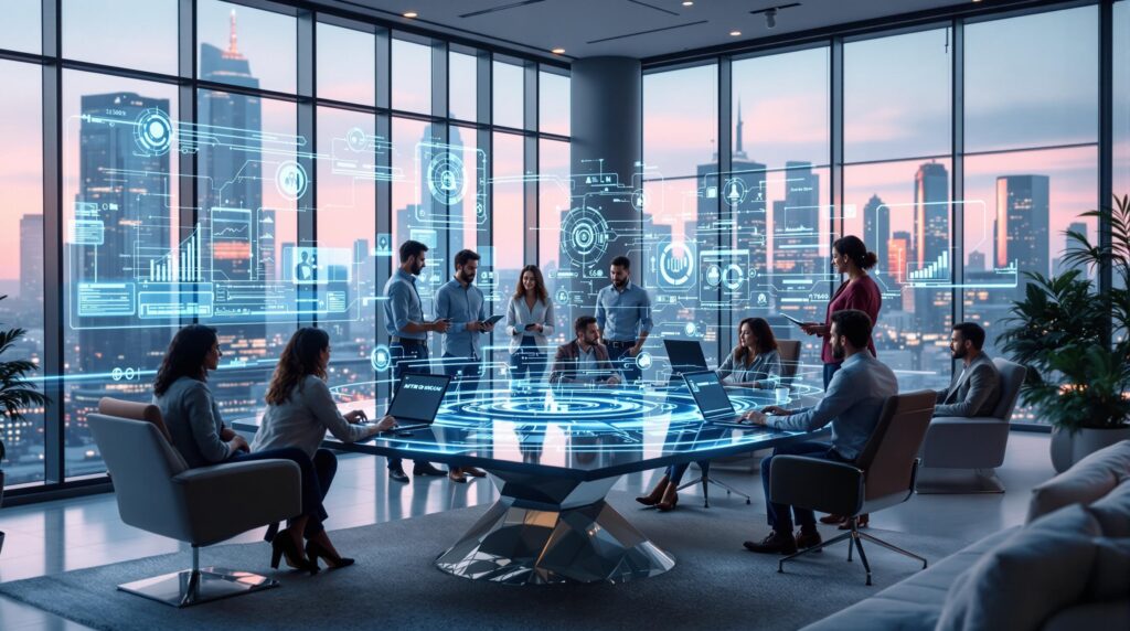 a diverse team of professionals dynamically interacting in a state-of-the-art high-tech office gathered around futuristic holographic displays illustrating AI integration and real-time monitoring systems