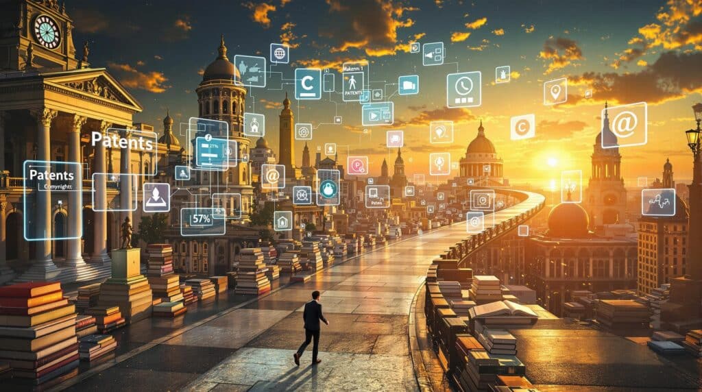 a person walking on a path lined with books and digital screens displaying patents and copyright symbols