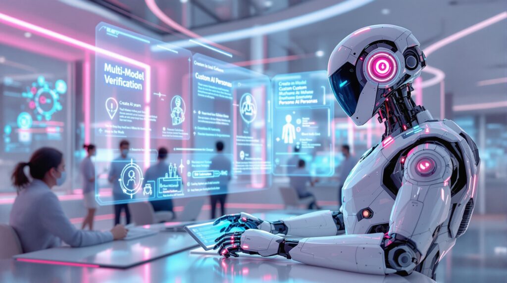 futuristic robot working with a team of professionals with holographic displays outlining concepts like Multi-Model Verification and Create Custom AI Personas