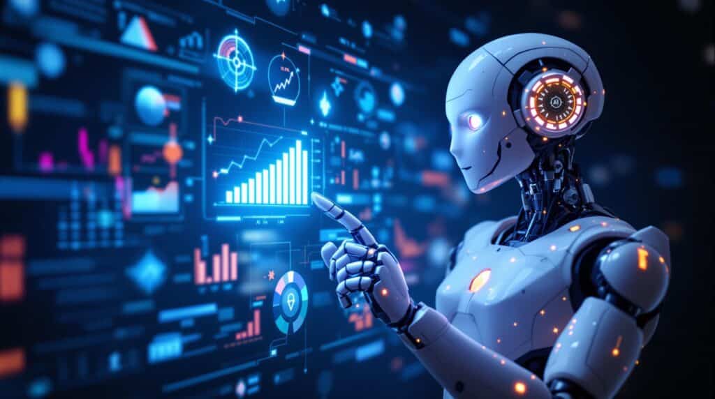 A high tech robot pointing towards a digital screen displaying future trends in AI forecasting, with symbols representing innovation, growth, and strategic planning, to convey forward-thinking and progress.