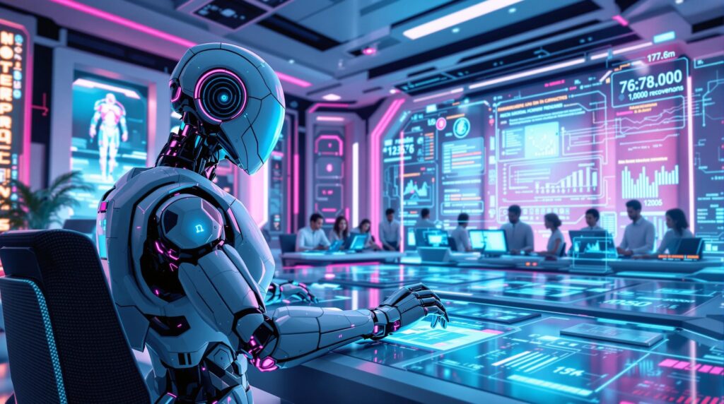 futuristic robot collaborating with a team of professionals in a state-of-the-art operations center with digital interfaces illustrating regular security testing and incident response plans