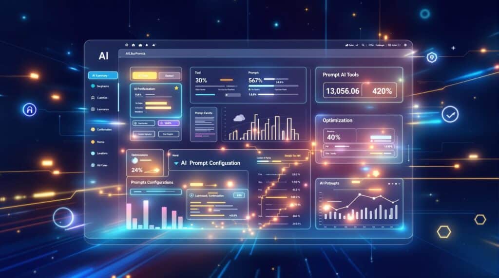 a sleek digital dashboard displaying various AI tools and prompt configurations with data visualizations 