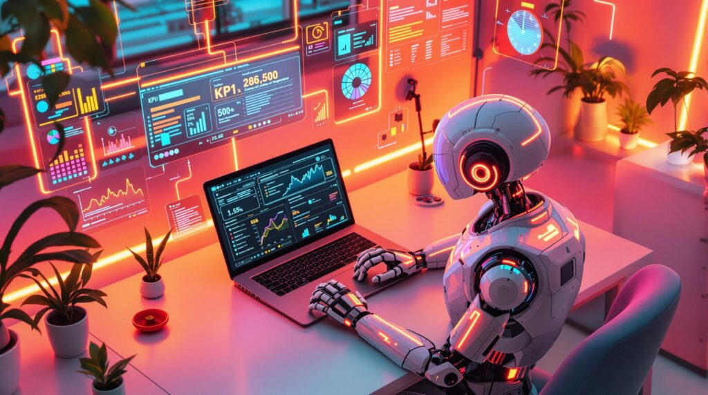a futuristic robot with neon accents working on a laptop featuring interconnected digital screens displaying campaign KPIs, budget adjustments, and engagement analytics