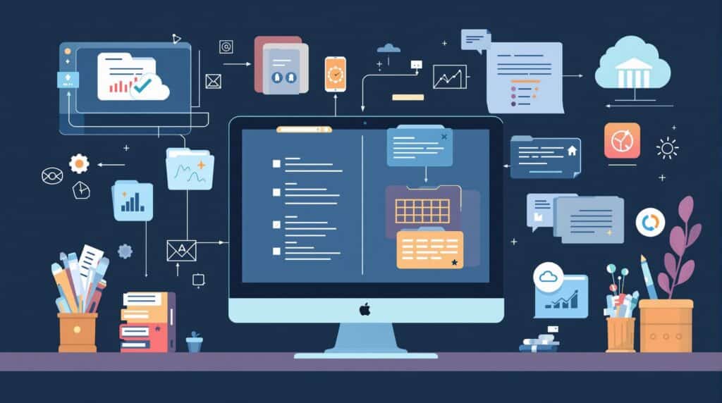 a digital workspace with neatly organized folders and labeled categories representing streamlined AI prompt management