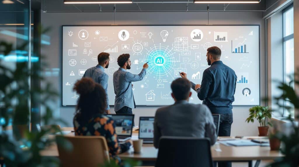 a diverse team of professionals collaborating in a bright and futuristic office space solving complex problem