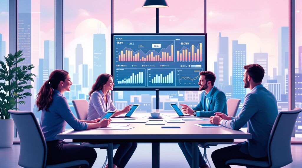 business team sitting around a modern conference table animatedly discussing performance metrics