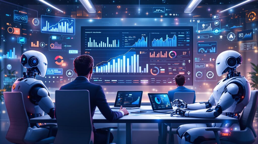 A dynamic business meeting scene where executives and futuristic robots are utilizing AI-powered dashboards to analyze data trends and make strategic decisions, with visuals of graphs and AI icons integrated into the setting.